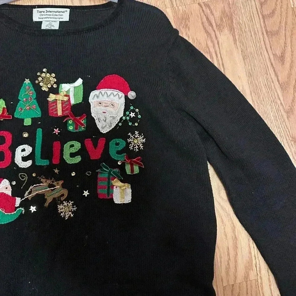 Black Long Sleeve Christmas Santa Believe Sweater Size XL - Picture 10 of 10